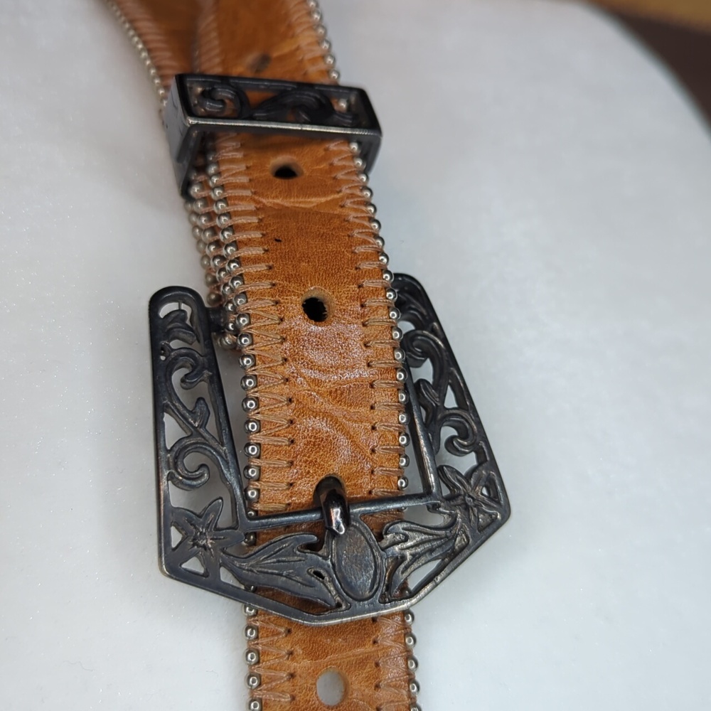 Vtg Streets Ahead Santa Monica 80's Thin Ranger Leather Silver Studded Belt Lrg - Picture 7 of 16